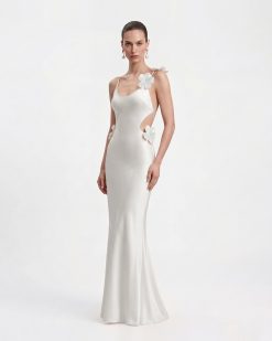 Alternative view of 3D Floral Appliqué Satin Dress - White