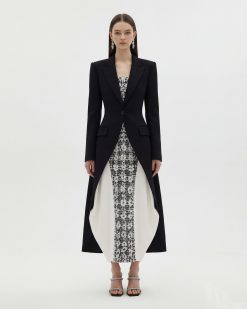 Structured Peak-Lapel Cutaway Maxi Blazer - Black