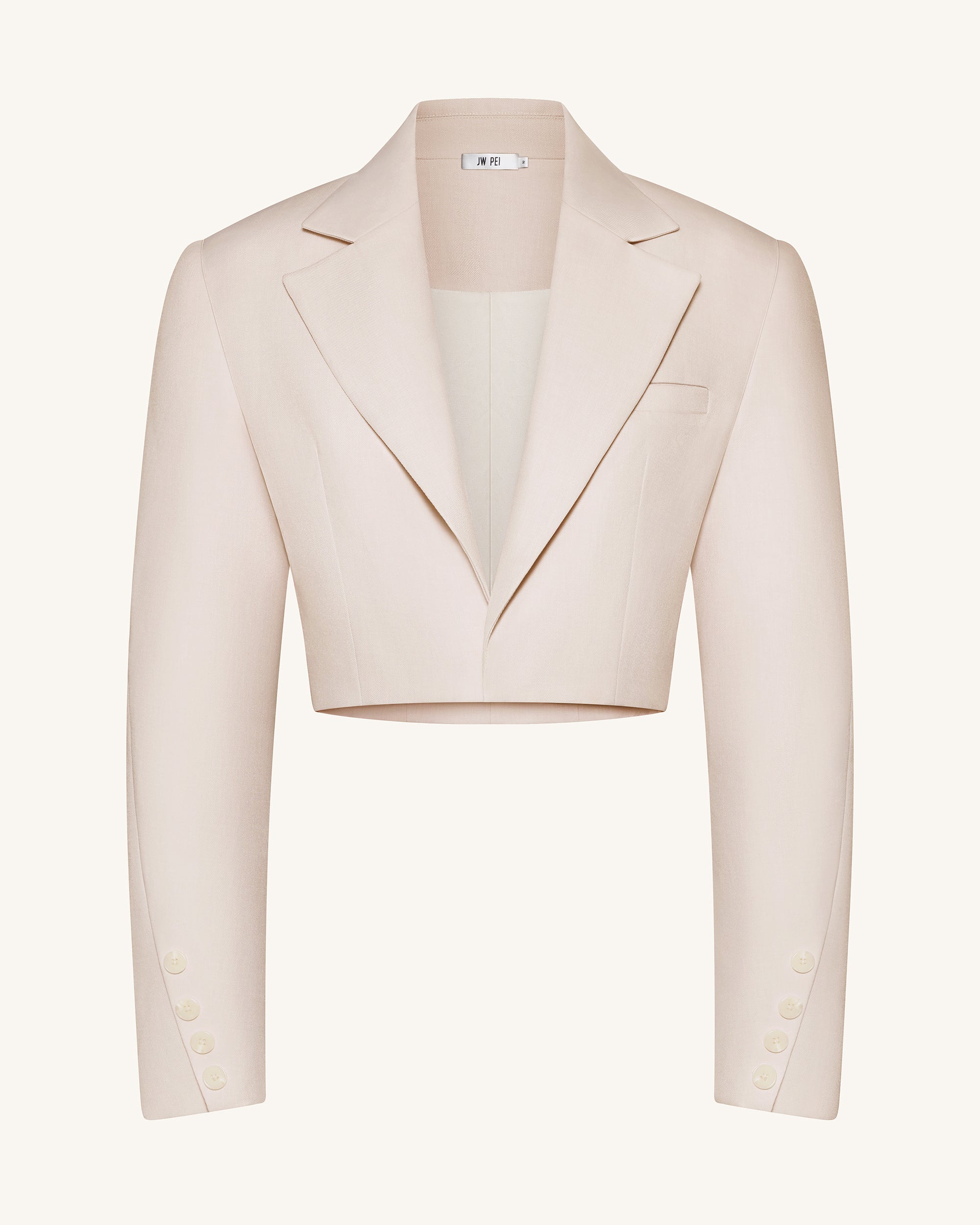 Structured Power-Shoulder Cropped Blazer - Beige - Image 4