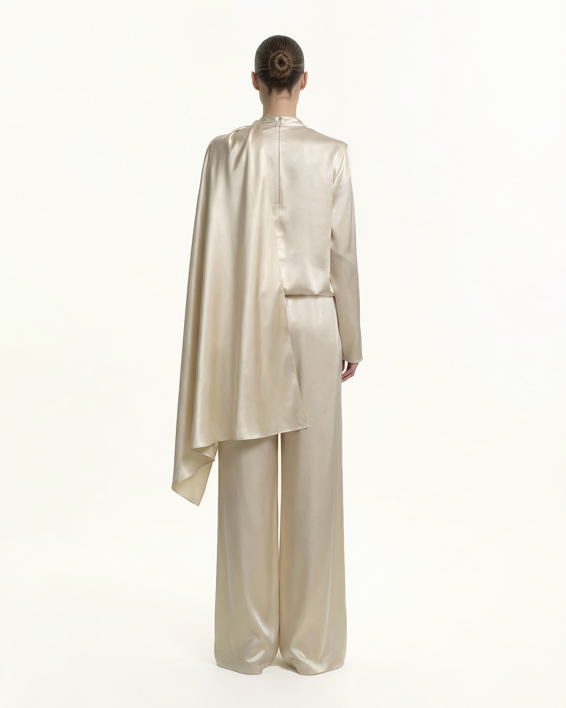 Satin Wide-Leg Trousers - Cream - Image 3