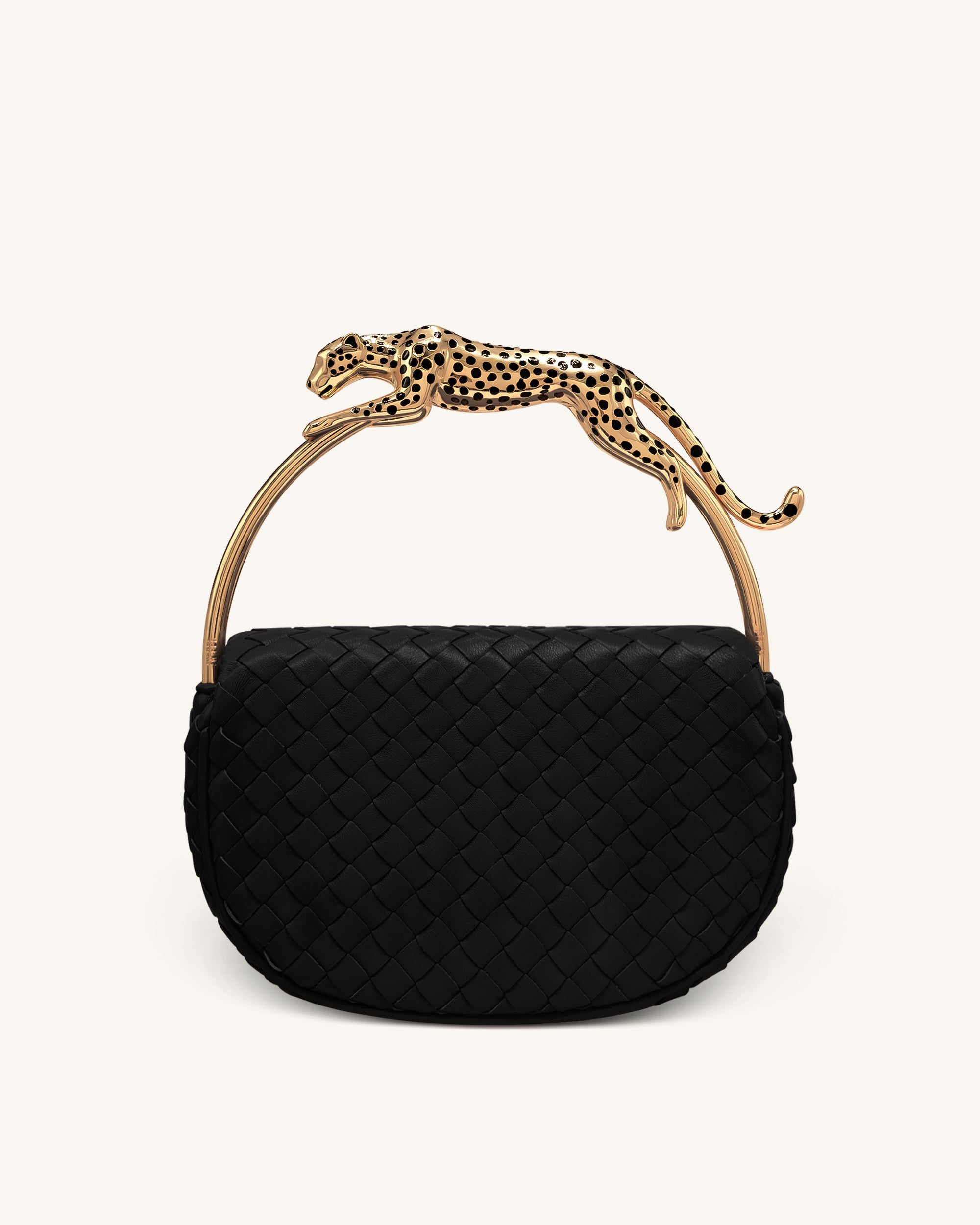 Ione Leopard Shaped Hardware Handle Woven Top Handle Bag - Black - Image 3