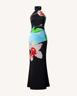 Alternative view of Floral Satin Halter Dress - Multicolor Black