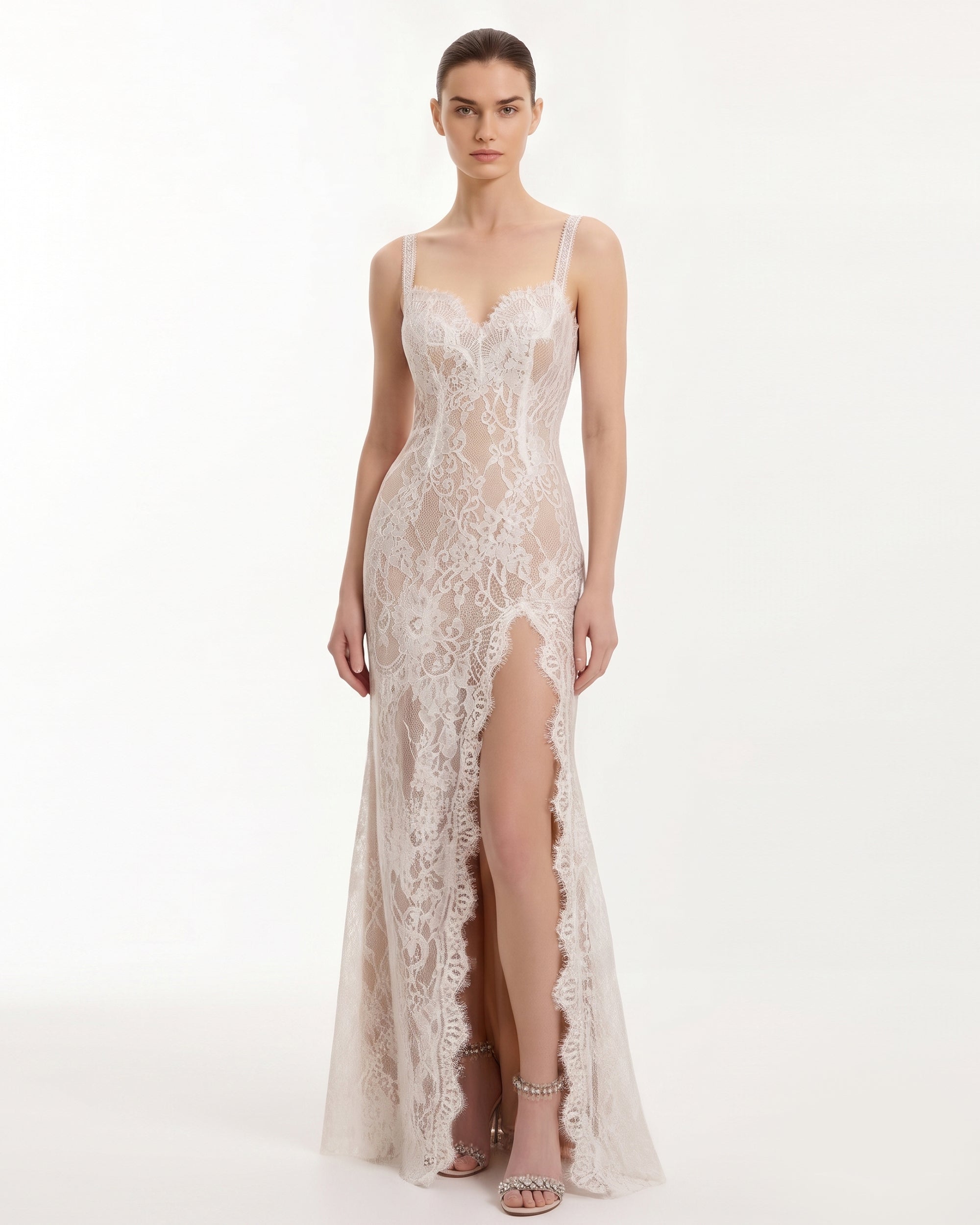 Lace Slit Maxi Dress - White