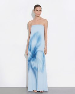 Watercolor Floral Print Strapless Maxi Dress - Blue