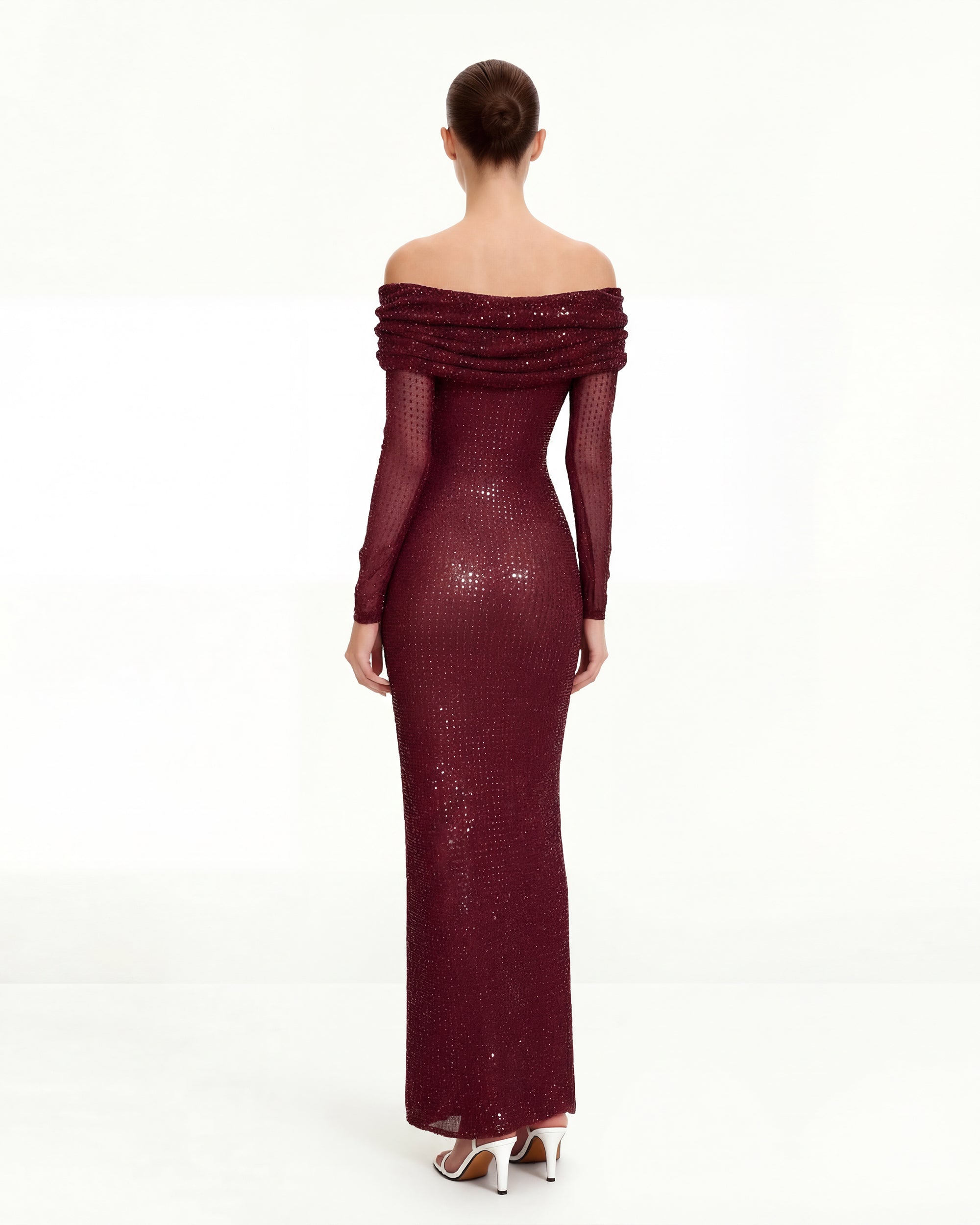 Rhinestone Mesh Off-Shoulder Maxi Dress - Claret - Image 2