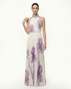 Jeweled-neck Halter Pleated Iris Print Maxi Dress - White/Purple