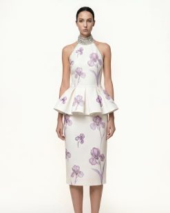 Iris Print High-Waisted Pencil Midi Skirt - White/Purple