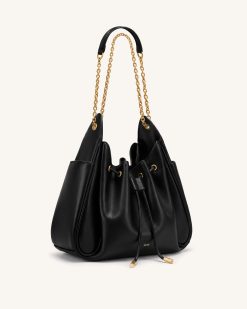Alternative view of Rowan Ruched Drawstring Chain Bucket Bag - Black