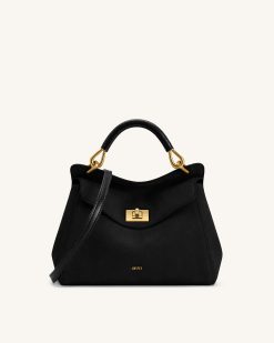 Lucia Classic Faux Suede Top Handle Bag - Black