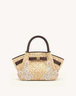Hana Mini Faux Straw Beading Tote Bag - Brown