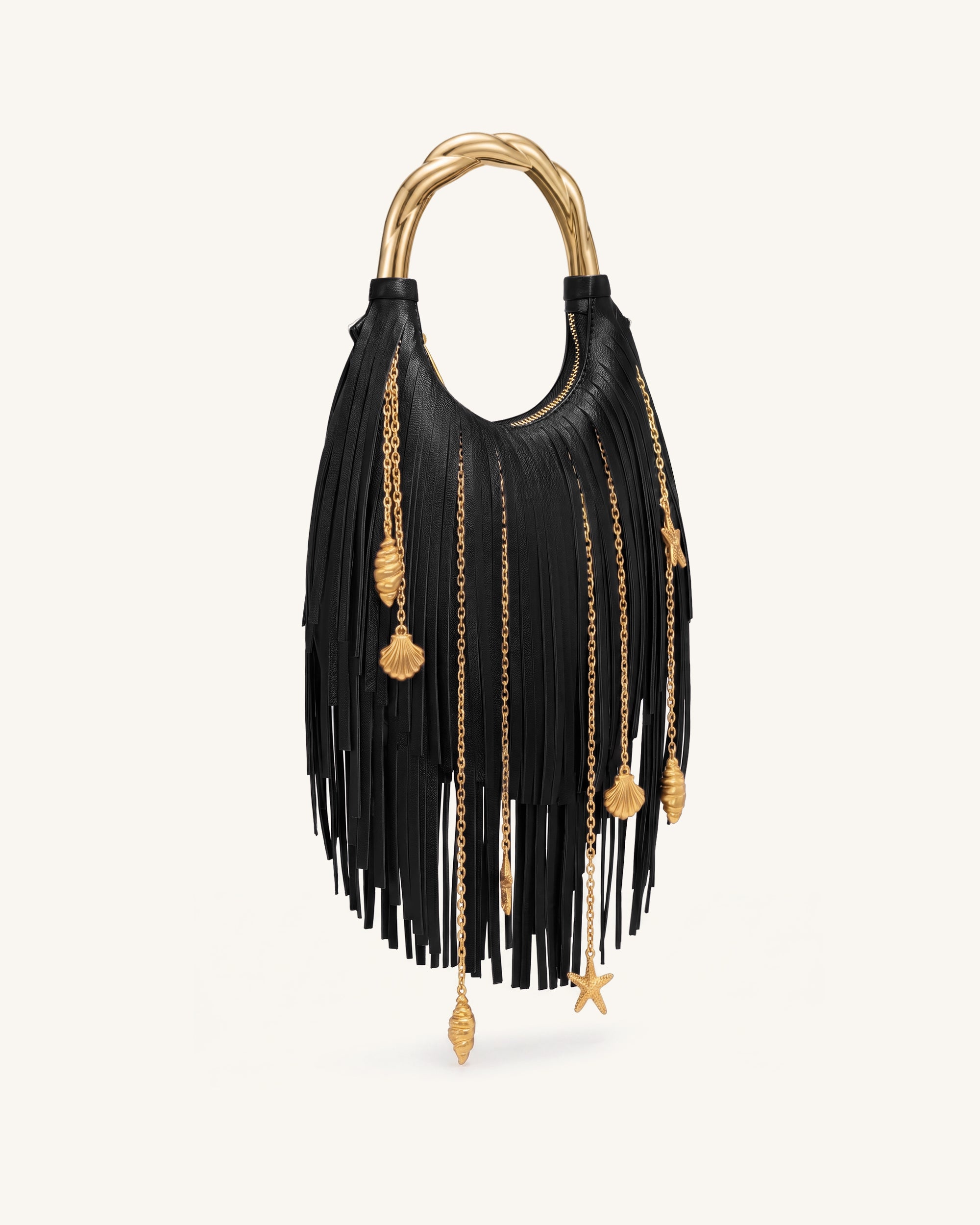 Chloe Metal Handle Fringe Top Handbag - Black - Image 2