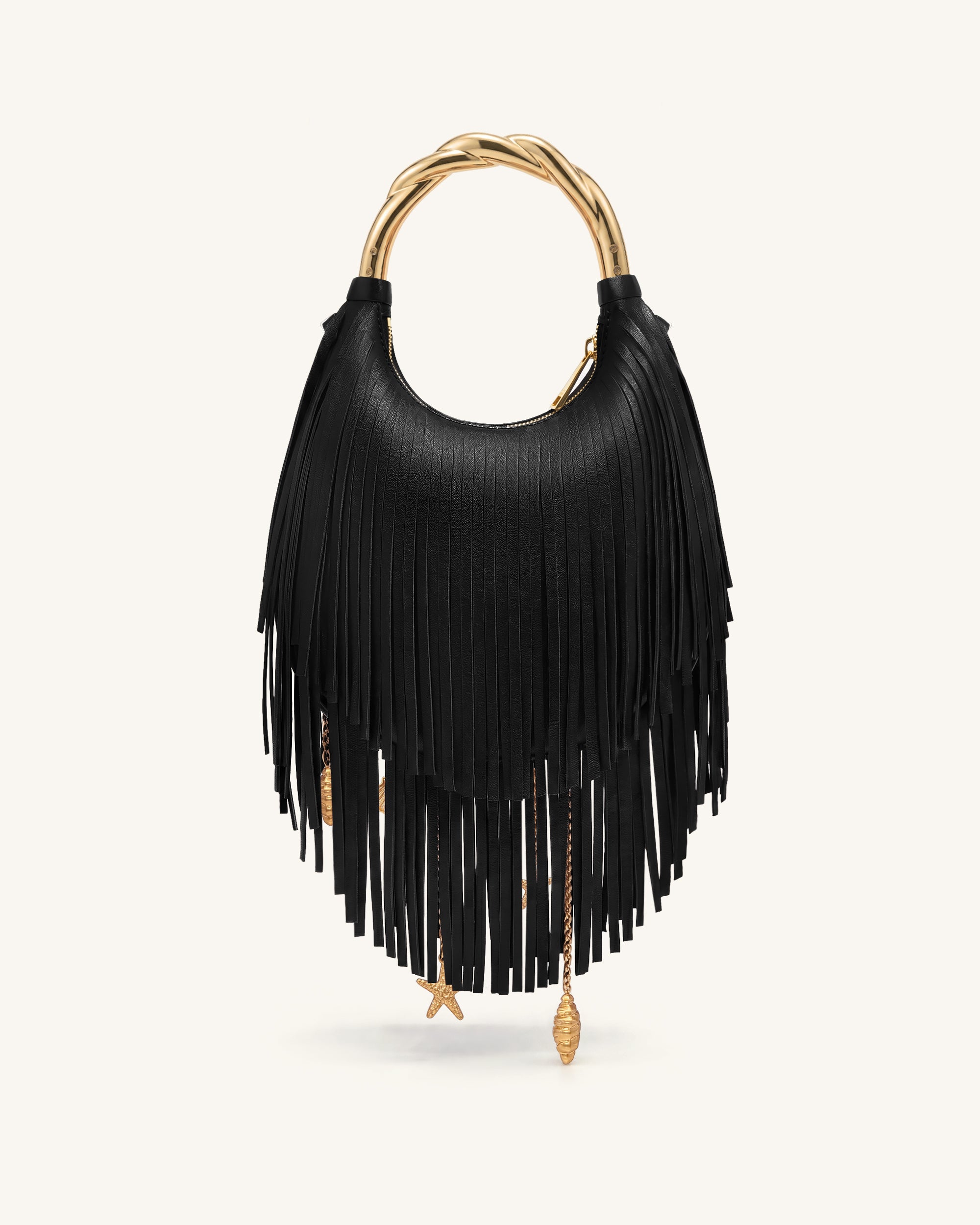 Chloe Metal Handle Fringe Top Handbag - Black - Image 3