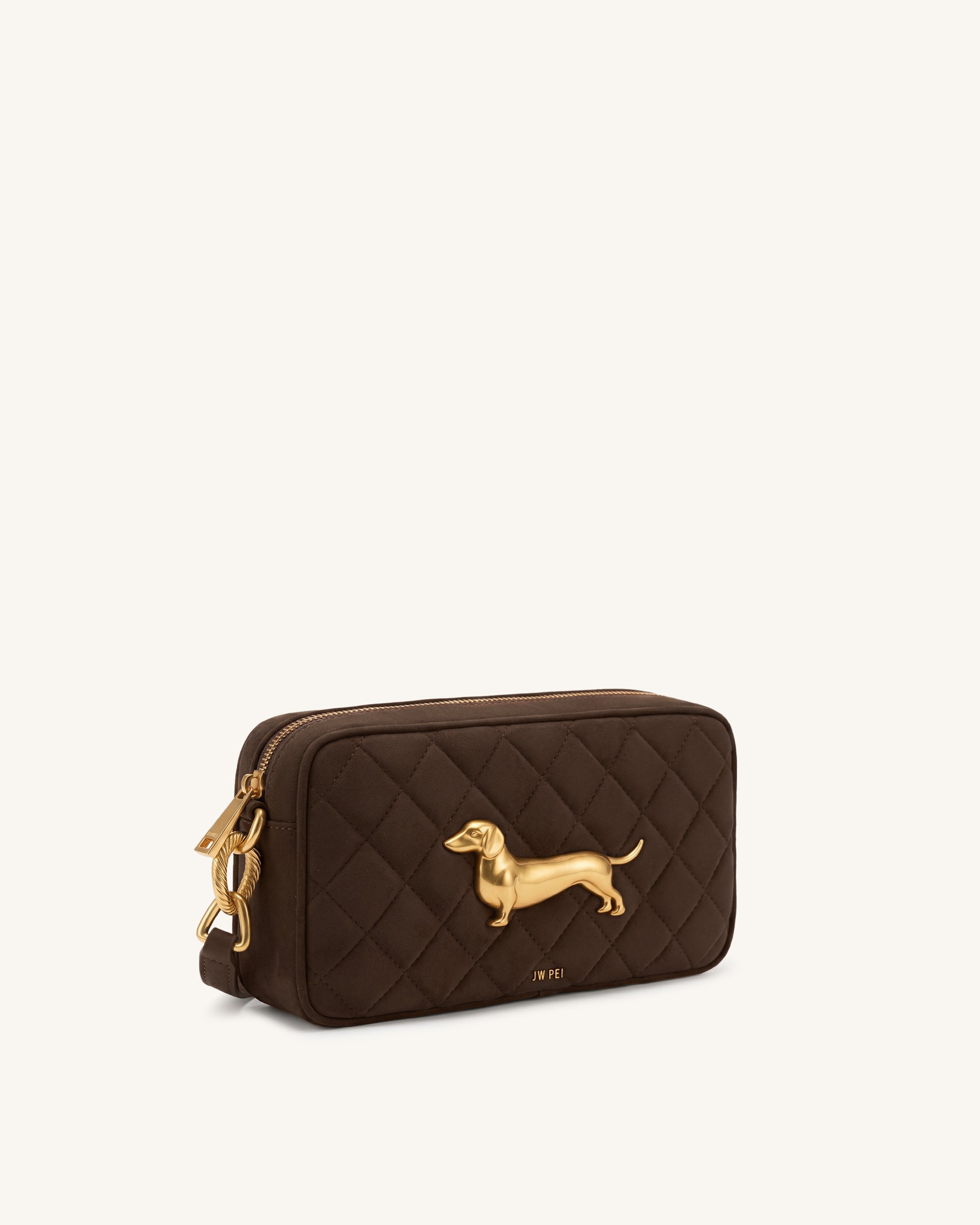 Riley Faux Suede Dachshund Quilted Shoulder Bag - Dark Brown - Image 2