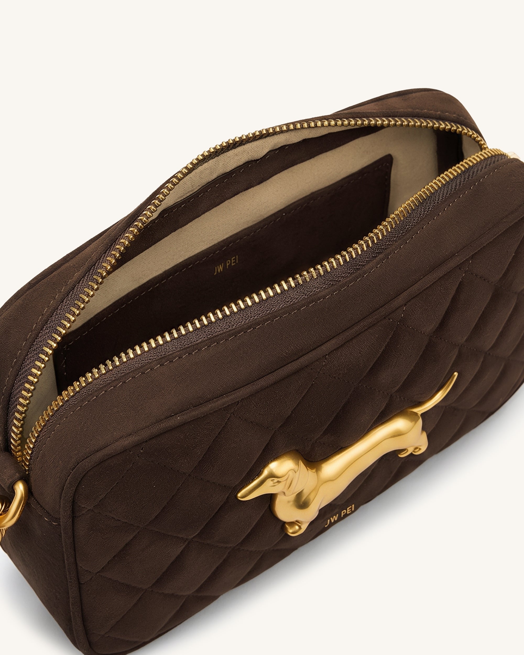 Riley Faux Suede Dachshund Quilted Shoulder Bag - Dark Brown - Image 4
