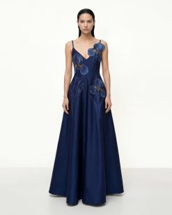 Iris Embroidered A-Line Maxi Dress - Navy Blue