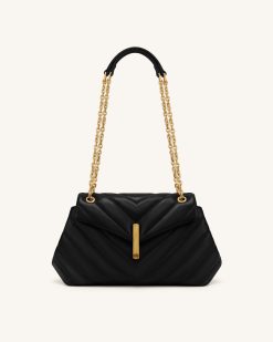 Valerie Quilted Chain Flap Shoulder Bag - Black