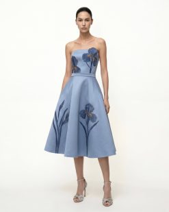 Iris Embroidered Strapless A-Line Midi Dress - Dusty Blue