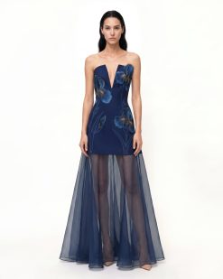 Iris Embroidered Plunge Sheer Overlay Maxi Dress - Navy Blue