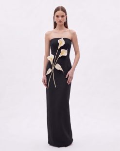 Floral Appliqué Strapless Dress - Black