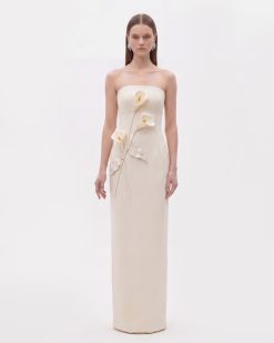 Floral Appliqué Strapless Dress - Cream Ivory