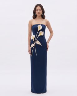 Floral Appliqué Strapless Dress - Navy Blue
