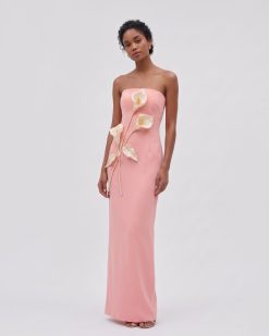 Floral Appliqué Strapless Dress - Coral Pink