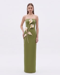 Floral Appliqué Strapless Dress - Olive Green