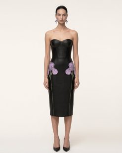 Iris Floral-Print Strapless Corset Leather Midi Dress - Black