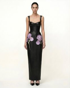 Iris Floral-Print Strappy Corset Leather Maxi Dress - Black