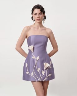 3D Vine Floral Strapless Mini Dress - Purple
