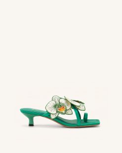 Serena Orchid Embroidered Toe Ring Heeled Sandals - Emerald Green