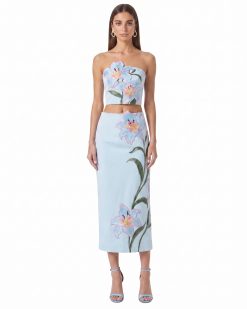 Lily Floral Embroidered High Waist Pencil Midi Skirt - Light Blue