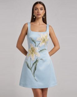 Lily Floral Print Sleeveless A-Line Mini Dress - Light Blue