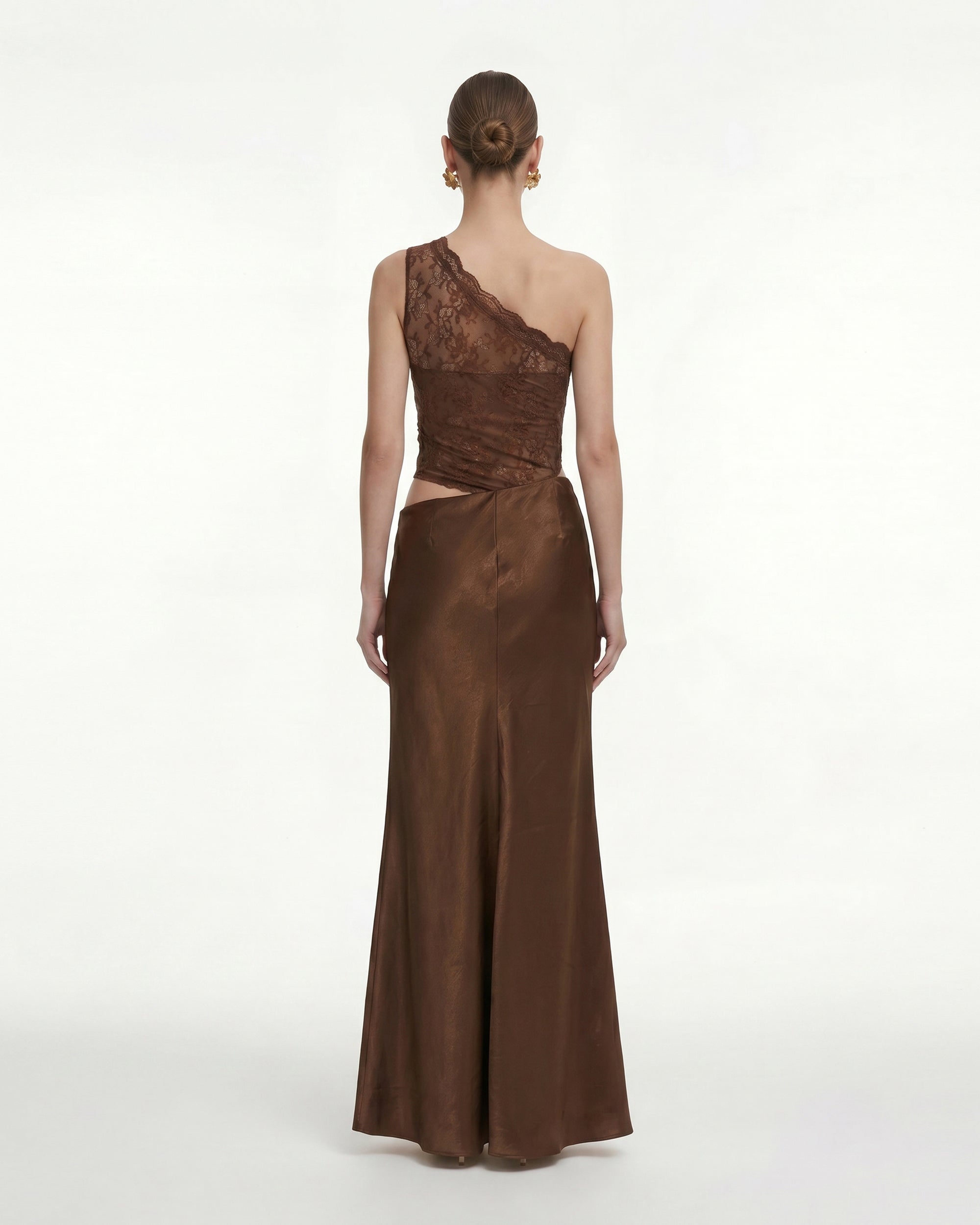 Floral One Shoulder Satin Dress - Brown - Image 2