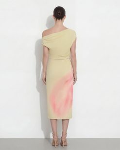 Alternative view of Watercolor Floral Print One-Shoulder Asymmetric Midi Dress - Yellow