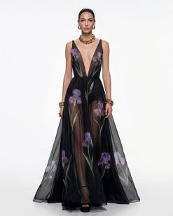 Sheer Floral Print Maxi Dress - Black