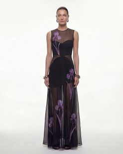 Sheer Floral Print Paneled Maxi Dress - Black