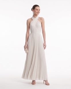 Pleated Cross Halter Maxi Dress - Ivory