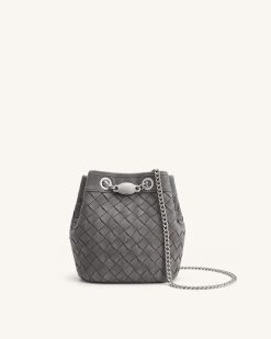 Yara Faux Suede Hand-Woven Bucket Bag - Dark Grey