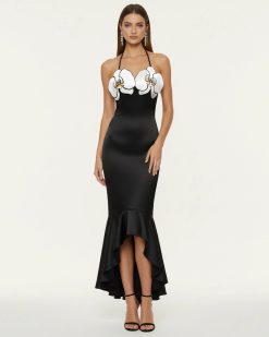 Orchid Embroidered High-Low Midi Dress - Black