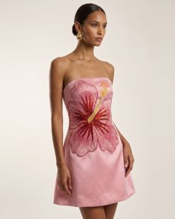 Hibiscus Embroidered Bandeau Mini Dress - Pink