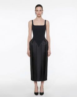 Square Neck Pannier Midi Dress - Black