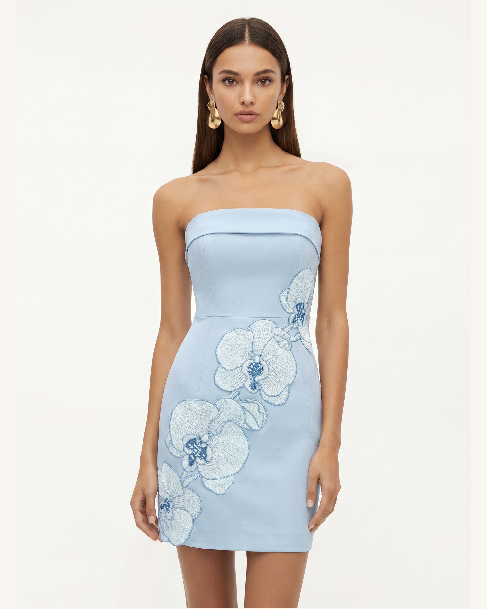 Orchid Embroidered Strapless Sheath Midi Dress - Light Blue