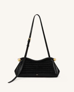 Naomi Curved Shoulder Bag - Black Croc