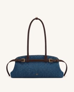 Arden Belt Detail East-West Shoulder Bag - Blue Denim