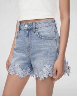The Petal Applique Denim Shorts - Morning Dew