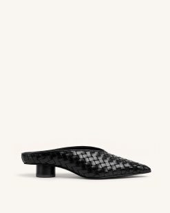 Helena Woven Textured Pointed Toe Mules - Black