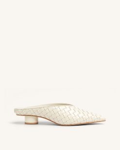Helena Woven Textured Pointed Toe Mules - Beige