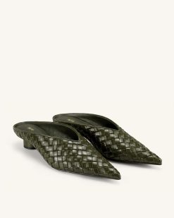 Alternative view of Helena Woven Textured Pointed Toe Mules - Olive Green