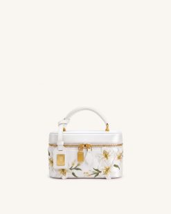 Cleo Embroidered Box Shape Top Handle Bag - Snow White